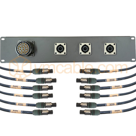 P2K25-3NL8 custom, 19 inch Pannel, 1x 25-pol female, 3x Neutrik NL8 MPRXX, 12x Neutrik NL4FXX-W-L