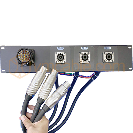P2K25-3NL8-NL8 custom, 19 inch Pannel, 1x 25-pol female, 3x 8-pol NL8 chassis connectors, 3x NLT8FXX cable connectors, Neutrik